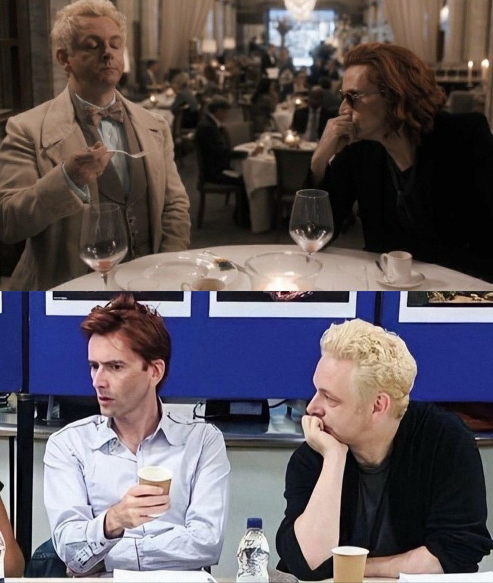 sheennxnt's tweet photo. Michael seems to have the same view as Crowley in this scene where he watches Aziraphale eating https://t.co/6yMauSEMZN