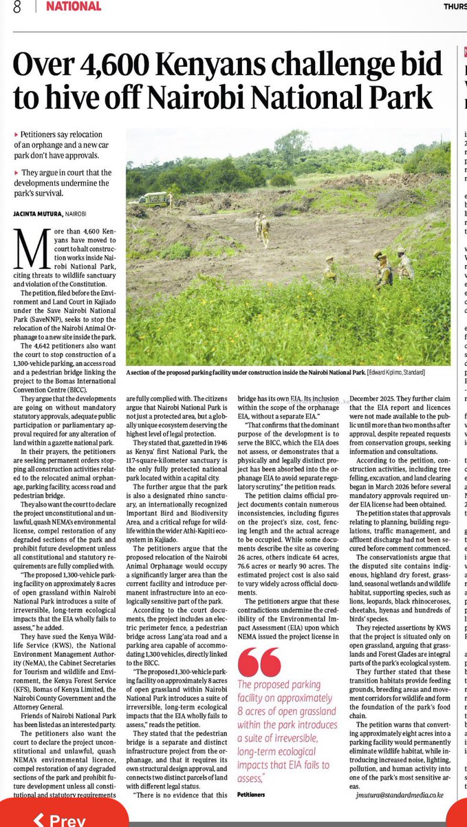 smutoro's tweet photo. Why Save Nairobi National Park campaign is a roaring success …
4,642 Kenyans petitioned the Environment and Land Court in Kajiado, under “Save Nairobi National Park” (#SaveNNP).
They seek to stop relocation of the Nairobi Animal Orphanage into the park.
Also want to halt a 1,300-vehicle parking facility, access road, and pedestrian bridge linking to Bomas International Convention Centre (BICC).
Claim these projects lack mandatory approvals, public participation, and parliamentary approval.
Respondents: Kenya Wildlife Service (KWS), NEMA, Cabinet Secretaries for Tourism/Wildlife and Environment, Kenya Forest Service (KFS), Bomas of Kenya Ltd, Nairobi County Government, and Attorney General.
Friends of Nairobi National Park listed as interested party.
Park background: gazetted in 1946, Kenya’s first national park, 117 km², only fully protected park in a capital city; also a rhino sanctuary and Important Bird Area.
Petitioners say parking facility alone would consume ~8 acres of open grassland, causing irreversible ecological damage.
Argue project documents contain contradictory figures on size (26–90 acres), cost, and fencing length — undermining EIA credibility.
Claim pedestrian bridge and orphanage relocation should have separate EIAs, not be bundled to avoid scrutiny.
Allege construction (tree felling, excavation) began March 2026 — before approvals were secured.
Say EIA report/licences weren’t made public until 2+ months after approval, despite requests.
Argue disputed site has indigenous forest, wetlands, and habitat for lions, leopards, black rhinos, cheetahs, hyenas.
Warn project would eliminate habitat and introduce noise, lighting, pollution, human activity into a sensitive ecological zone.