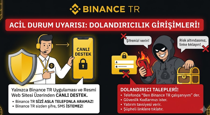 CoinSparrow_'s tweet photo. Dostlar SAKIN ‼️❗️‼️
Bu acil durum postudur. Lütfen önem vererek okuyunuz. Başıma gelmez demeyiniz.

Özellikle son günlerde, kendisini Binance TR çalışanı olarak tanıtarak , sizleri bizleri telefonla arayan dolandırıcılık girişimleri gözlemlenmekte.

Binance TR'yi arayabileceğiniz ya da Binance TR tarafından aranabileceğiniz herhangi bir telefon numarası YOK. Öyle bir hat yok arkadaşlar.
Binance TR çalışanları sizden hiçbir zaman şifre, SMS doğrulama kodu, Google Doğrulama kodu veya diğer güvenlik bilgilerinizi talep etmez.

Bu tür taleplerle karşılaşırsanız hiçbir bilginizi paylaşmayın ve görüşmeyi sonlandırın.

Şüpheli durumlarda yalnızca Binance TR uygulaması veya resmi web sitesi üzerinden Canlı Destek ile iletişime geçin.

Bir diğer dolandırılma yöntemi de mesajlaşma uygulamaları üzerinden yapılabiliyor. Buna karşı çok dikkatli olmanız lazım. 

Dolandırıcılar, kendilerini Binance TR destek ekibi veya yetkilisi olarak tanıtabilir. Profillerini resimlerle gerçek gibi yapabilir. Kullanıcı adlarını inandırıcı şekilde değiştirebilirler. Hesabınızın risk altında olduğunu söyleyerek sizinle iletişime geçebilir ve güvenlik gerekçesiyle şifrenizi, doğrulama kodlarınızı veya varlık transferi yapmanızı isteyebilirler. Hiç bir şekilde yazışmayın ve hemen engelleyin.

Unutmayın ki;
💛Hiç bir gerçek yetkili sizden şifre, SMS doğrulama kodu veya 2FA güvenlik kodu istemez.
⚫️Özel mesajla yatırım tavsiyesi vermez.
💛Hesabınızı kurtarmak için şu linke tıklayın gibi yönlendirmeler yapmaz.

Güvenli alanda kalmak için, yalnızca Binance TR resmi uygulaması ve web sitesi üzerinden destek alın.
Şüpheli bağlantılara tıklamayın.
Hesap bilgilerinizi ve doğrulama kodlarınızı kimseyle paylaşmayın.

Bu bilinçte olan herkes , bu postu okuyan tüm dostlar paylaşarak bir çok dolandırılma hikayesinin önüne geçebiliriz. Hepinize ayrı ayrı teşekkür ediyorum.

Marka ismi sebebiyle #ücretsiz #reklam