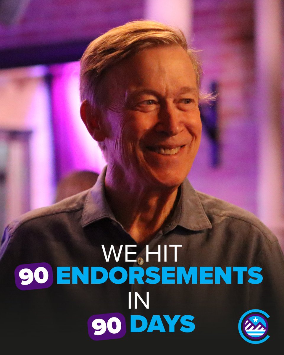 Hickenlooper's tweet photo. At the start of April, we decided to roll out 90 endorsements in 90 days. Last Tuesday, we’re proud to say that we reached that goal.

Together we built a strong coalition of Coloradans from all walks of life, and from all corners of the state.

Thank you to every one of our endorsers, your support goes a long way and we couldn’t be more grateful!