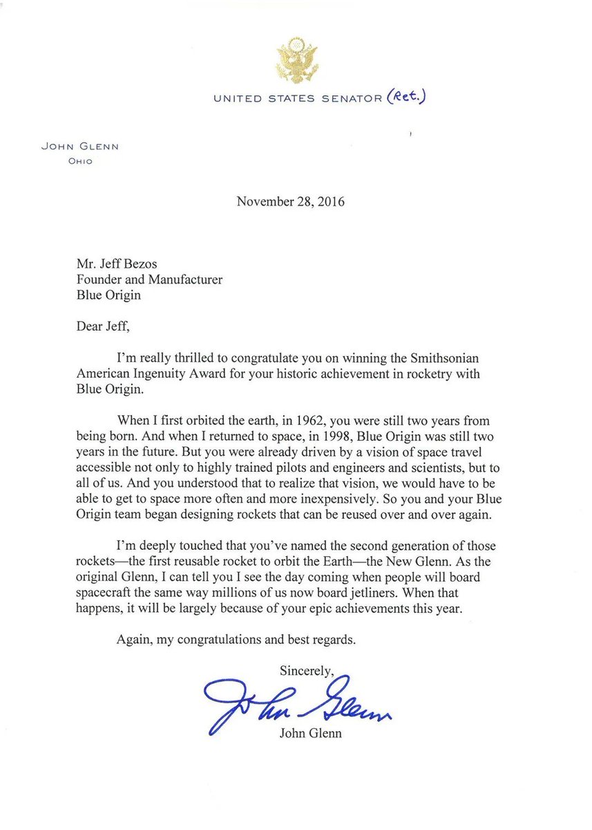 sintropia_acc's tweet photo. A little bit of spaceflight history:

On November 28, 2016, astronaut John Glenn signed a letter to @JeffBezos. It reached Bezos's hands a few days later, on the exact day Glenn passed away. It sure felt like a true passing of the torch.

In it, Glenn shared how deeply touched he was that Blue Origin named its heavy rocket the New Glenn. He looked ahead and saw a future where boarding a spacecraft would feel as natural as stepping onto an airplane. He knew back then that the future would be incredible!

Space travel always brings tough days. The team recently faced a major setback when New Glenn rocket face an anomaly on the pad during a ground test. But Blue Origin is already moving forward, redesigning the pad, and focusing on a return to flight at the year end! They will bounce back, carry Glenn's name to the stars, and make that extraordinary future happen.

PER ASPERA, AD ASTRA! ✨️
