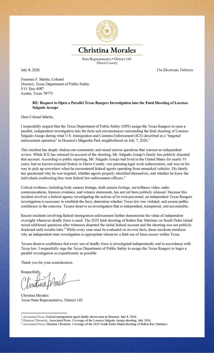 RepMorales145's tweet photo. Lorenzo Salgado Araujo lost his life on #Texas soil yesterday. His family and our community deserve answers, and Texas leadership has a responsibility to ensure the facts are independently investigated. Today, I requested a parallel Texas Rangers investigation. #TXlege #HD145 https://t.co/8cLFYsL5Yy