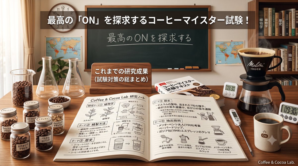 CoffeeCocoaLab's tweet photo. こんにちは☕️Coffee & Cocoa Labです。 本日の実験記録（note）を公開しました！

テーマはズバリ… 【秋の「コーヒーマイスター試験」に申し込みました📝】

12/1のECサイトオープンに向けて絶賛準備中ですが、なぜこの忙しい時期に資格試験に挑むのか？ それは、皆様に「最高のON」を引き出すコーヒーをお届けするためです。
Webディレクター出身の私たちが大切にする「データ志向」と「ロジカルなアプローチ」。 「なぜこの豆で集中力が上がるのか？」「なぜこの精製方法が朝に合うのか？」 感覚だけでなく、植物学や歴史、抽出理論といった【体系的な知識】という裏付けを持つために挑戦を決めました🔥

今回のnoteでは、これまでの「試験対策の学び」をLab独自の視点で総まとめしています。

🔬研究テーマのチラ見せ 
・アラビカ種とロブスタ種の「カフェイン量」のデータ 
・朝の目覚めに「ウォッシュド」を推す理由
 ・先人たちの異常なまでのコーヒーへの熱狂（歴史）
 ・豆のポテンシャルを100%引き出す抽出テクノロジー

単なる試験対策ではなく、人生のパフォーマンスを最大化するための「実験記録」として楽しんでいただける内容になっています。

ぜひ、私たちの研究ノートを覗きに来てください！ （noteのリンクはリプライ欄へ👇）