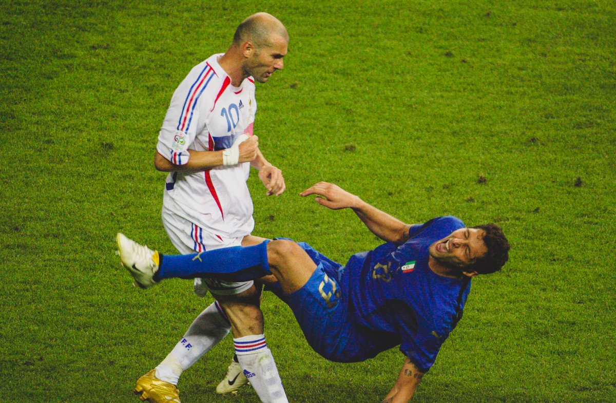 Footballtweet's tweet photo. 📅 On this day, exactly 20 years ago, Italy won the World Cup after a penalty shoot-out against France.

But the game will forever be remembered for Zinedine Zidane's moment of magic and moment of madness.

His Panenka penalty and his head-butt on Marco Materazzi. 🇮🇹🇫🇷

🗣️ Zidane: "I want to ask forgiveness from all the children who watched that. There was no excuse for it."