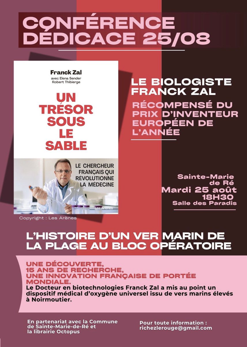Hemarina's tweet photo. A noter sur vos tablettes 📅 - J’aurai le plaisir de vous retrouver sur l’Île de Ré le 25 août prochain !

Après l’immense honneur d’avoir reçu le Prix de l’Inventeur Européen de l’Année 2026 descerné par l’European Patent Office, je serai heureux d’échanger avec vous lors d’une conférence suivie d’une séance de dédicaces autour de mon livre “Un trésor sous le sable” publiè aux Editions Les Arenes .

Nous parlerons d’une aventure scientifique 🔬 et humaine hors du commun : celle d’un ver marin 🪱🌊 devenu une source d’innovation médicale capable d’ouvrir de nouvelles perspectives pour sauver des vies 🏥.

Cette rencontre sera aussi l’occasion d’échanger sur la recherche française, l’innovation, les défis de la biotechnologie et la manière dont la nature peut encore nous inspirer les plus grandes avancées.

📅 Mardi 25 août
🕡 18h30
📍 Salle des Paradis – Sainte-Marie-de-Ré

Merci à la Commune de Sainte-Marie-de-Ré et à la Librairie Octopus pour leur invitation et l’organisation de cet événement.

Au plaisir de vous rencontrer et d’échanger avec vous !

“La nature est une bibliothèque d’innovations, apprenons à lire ses livres au lieu de les brûler”

#UnTrésorSousLeSable #Innovation #Recherche #Santé #Biotechnologies #Océan #Hemarina #EuropeanInventorAward #Science #France #IledeRé #NatureInspireInnovation