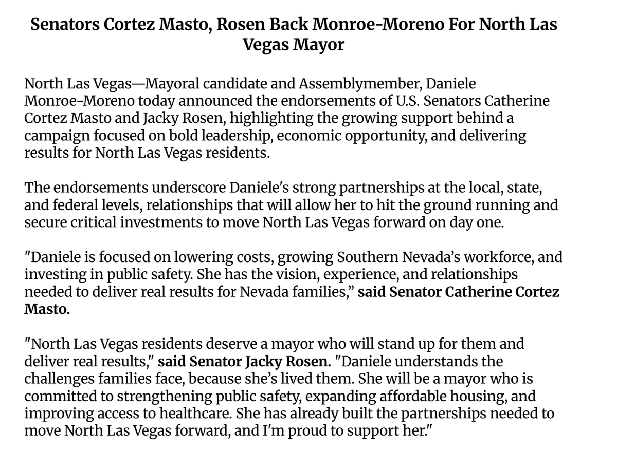 Oona_Milliken's tweet photo. Exclusive: Daniele Monroe-Moreno, an Assembly member running for North Las Vegas mayor, is being endorsed by Senators Catherine Cortez-Masto and Rosen. DMM, who placed first in June primary, is chair of NV Dems https://t.co/16mWyDDoF0