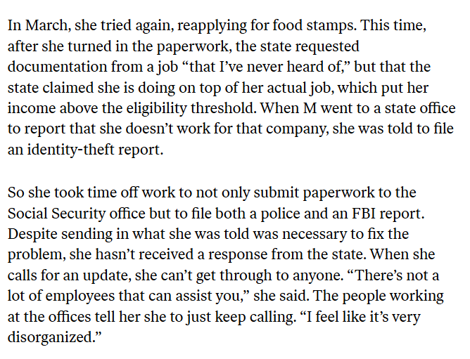 Katie_Bergh's tweet photo. This working mom of 2 has been trying to get her family's SNAP benefits reinstated for months but keeps getting caught in the added red tape. She’s cut back her own meals to make sure her kids get enough. These are the people this administration claims were "lifted" off SNAP. https://t.co/rvJsBYJkve