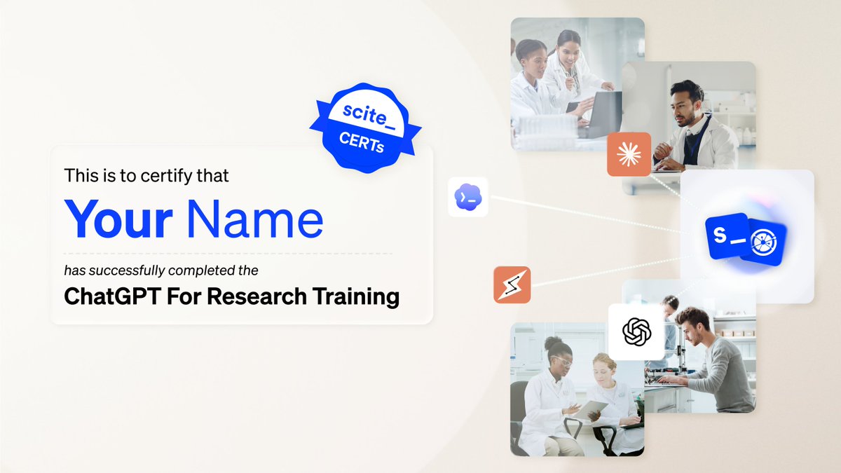 scite's tweet photo. Our AI for Research Training series kicks off next week, and you can earn a certificate for every session you attend. Pick the session most relevant to your work, or collect them all.

Don't forget to tag us when you share, we'd love to celebrate your achievement with you! https://t.co/7V7aP8y8wA