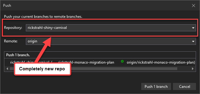 GitHub Copilot push flow targeting a new repository instead of the existing repository and branch the user expected