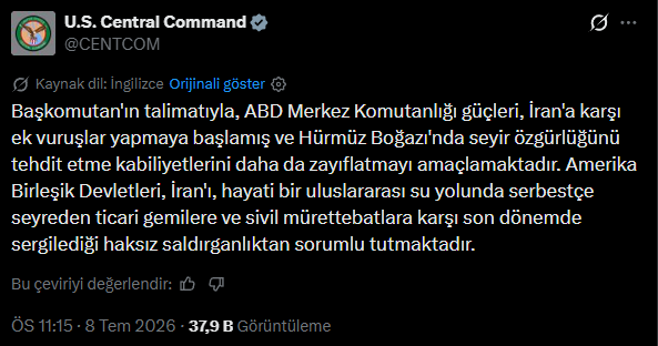ConflictTR's tweet photo. CENTCOM, Başkan'ın talimatıyla İran'ın Hürmüz Boğazı'nda seyrüsefer özgürlüğünü tehdit etme kapasitesini hedef alan yeni saldırılar başlattığını açıkladı.

CENTCOM, ticari gemiler ve sivil mürettebata yönelik son saldırılardan İran'ı sorumlu tuttu. https://t.co/cGlSGt94lR