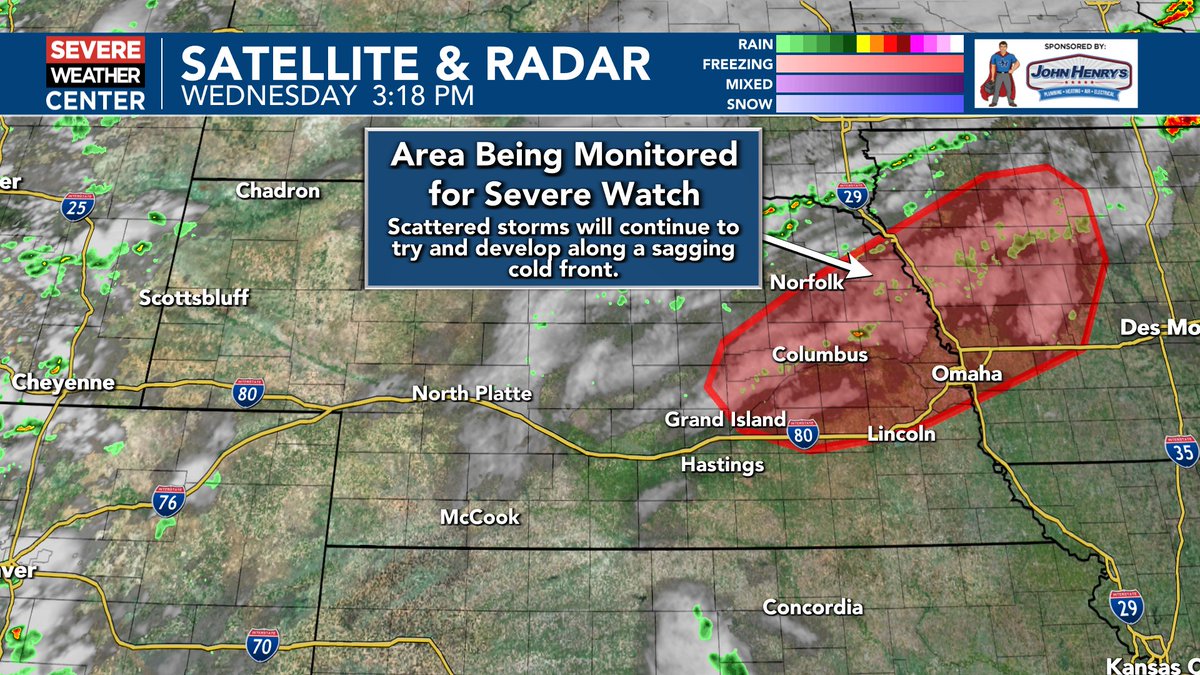 WxRentschler's tweet photo. The 'watch before the watch' is out for parts of eastern Nebraska.

Storms are trying to perk up along a slow moving cold front. Storms that do develop could produce large hail and damaging winds as well as areas of heavy rain.

60% chance a watch is issued. #NEwx https://t.co/cAh93pa4DG