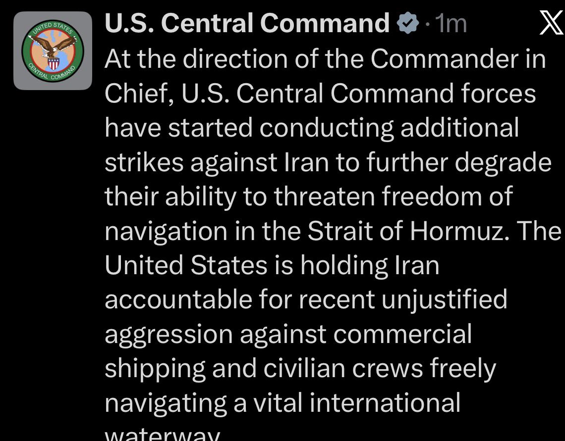 sentdefender's tweet photo. U.S. Central Command has confirmed that strike operations, ordered by U.S. President Donald J. Trump, have been renewed against targets in Iran, in order to limit their ability to target commercial shipping in the Strait of Hormuz. Iran’s targeting of commercial maritime traffic in the strait, a blatant violation of the MOU, was the impetus for this most recent spate of reciprocal strikes between the U.S. and Iran.
