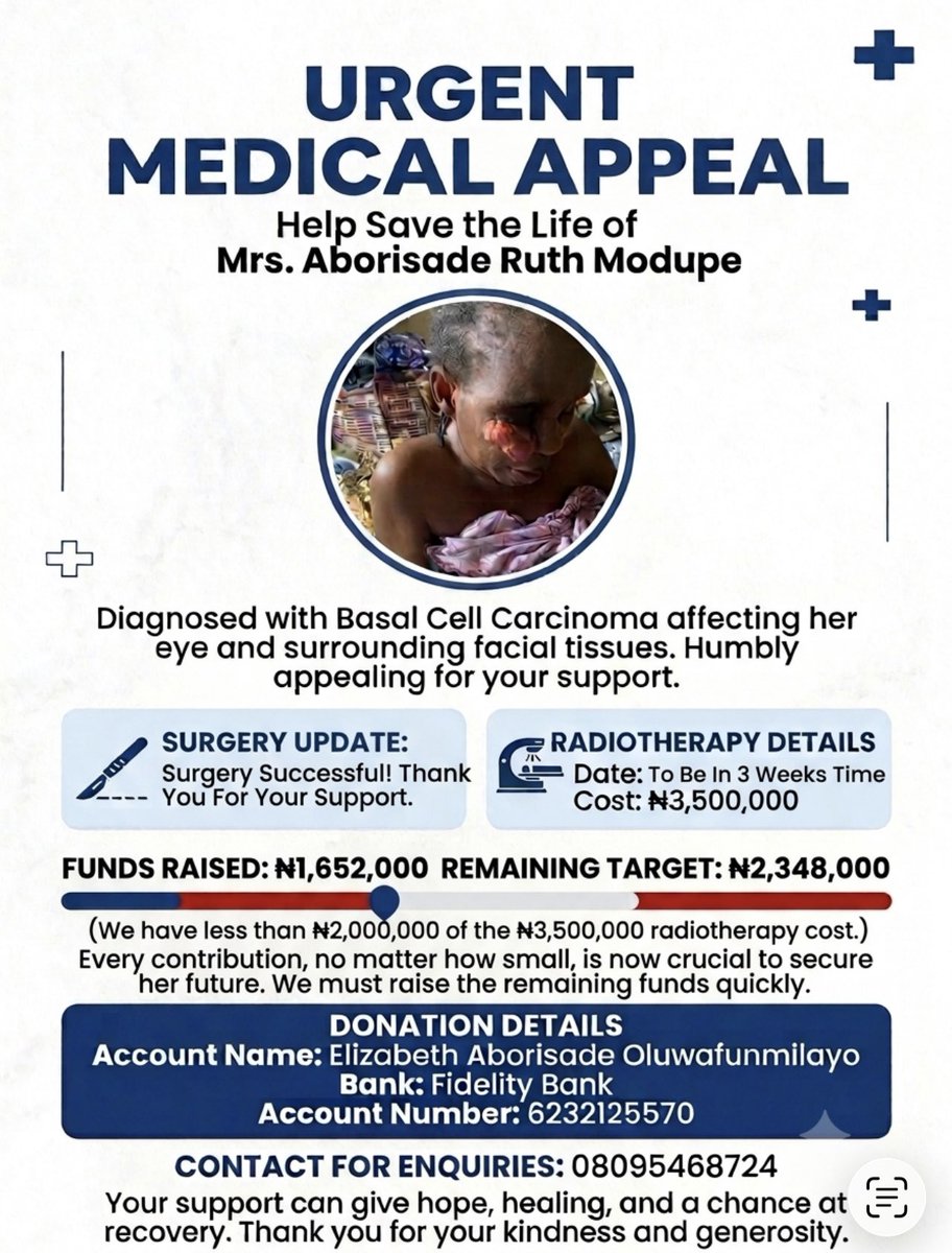 ElizabethAbori3's tweet photo. Please help us save my mum. 🙏🏾
Her cancer surgery was successful, but she urgently needs radiotherapy to stop the cancer from progressing. The cost is beyond what we can afford alone. Any support, donation, or repost can make a difference. Please help us save her life https://t.co/l13EBECU5m