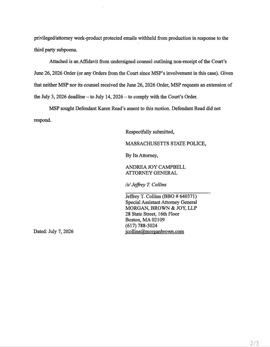 OKeefe v Read MSP emergency motion to extend deadline and affidavit