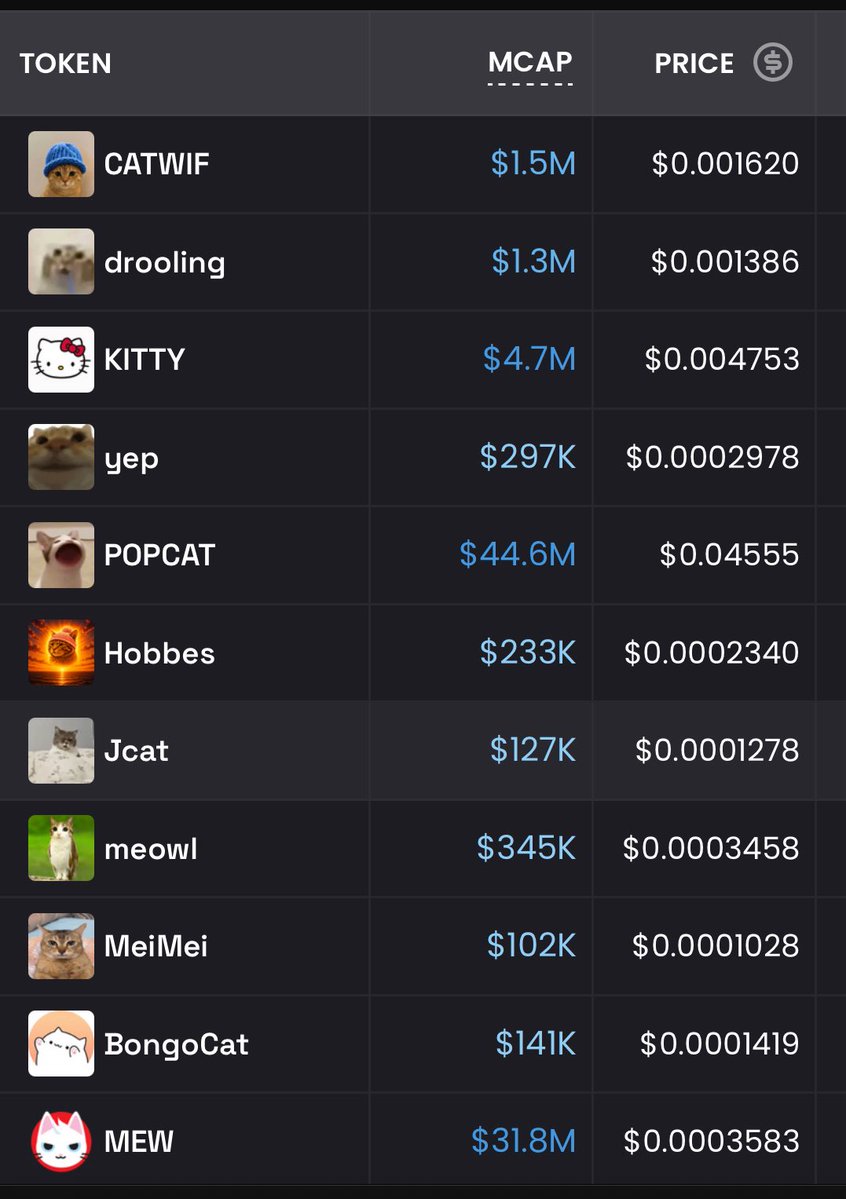 Sirks100x's tweet photo. these cat coins have seen the most volume in the past 24h, do with that information as you will https://t.co/mQBk48KocQ