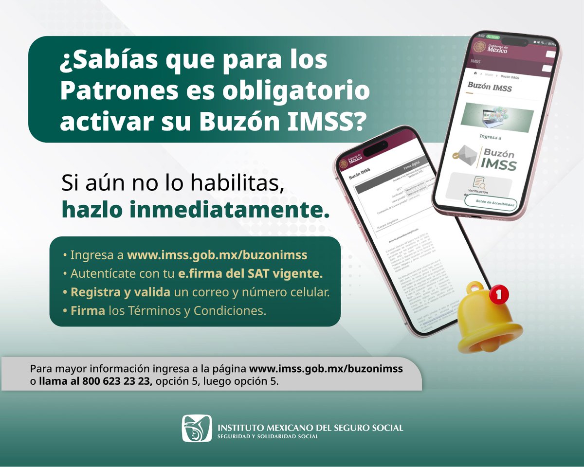 Tu_IMSS's tweet photo. 📢 Si eres patrón, recuerda que es obligatorio activar tu #BuzónIMSS para recibir notificaciones y realizar trámites de forma electrónica. 📲

Actívalo hoy en: https://t.co/La6GXRZQsA https://t.co/Fl7wYkPI92