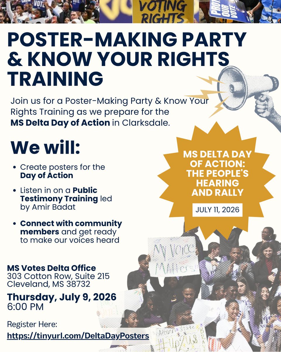 MSVotes's tweet photo. Join us tomorrow for a Poster-Making Party &amp; Know Your Rights Training as we prepare for the Mississippi Delta Day of Action!

🗓️ 07/09
🕕 6:00 PM CT
📍303 Cotton Row, Suite 215 Cleveland, MS 38732
🎟️ RSVP: https://t.co/NoZAvYcta9

#MSVotes 

#DeltaDayOfAction #MSVotes #MSVotesAF https://t.co/SC6Pv7ac4c