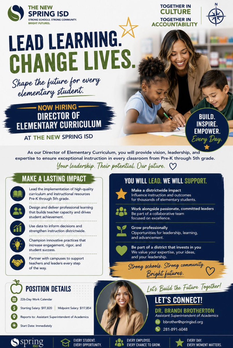 branbrotherton's tweet photo. Join Team Spring!! 
 
Looking for the best of the best Director of Elementary Curriculum. 

Come be a part of something special ✨. 

It’s a magical thing when purpose and passion collide.

How you do one thing is how you do everything. 

Together in Culture 
Together in Accountability 

Let’s win!