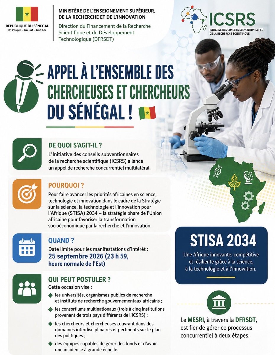 mesrisenegal's tweet photo. Appel à l’ensemble des chercheuses et chercheurs du Sénégal ! 🇸🇳🔬
📅 Date limite : 25 septembre 2026 (23 h 59 HNE)
🔗 Candidatez ici :
https://t.co/BRsuirB6bS
#MESRI #Recherche #Innovation #ICSRS #Sénégal https://t.co/vXRh6dyXjX