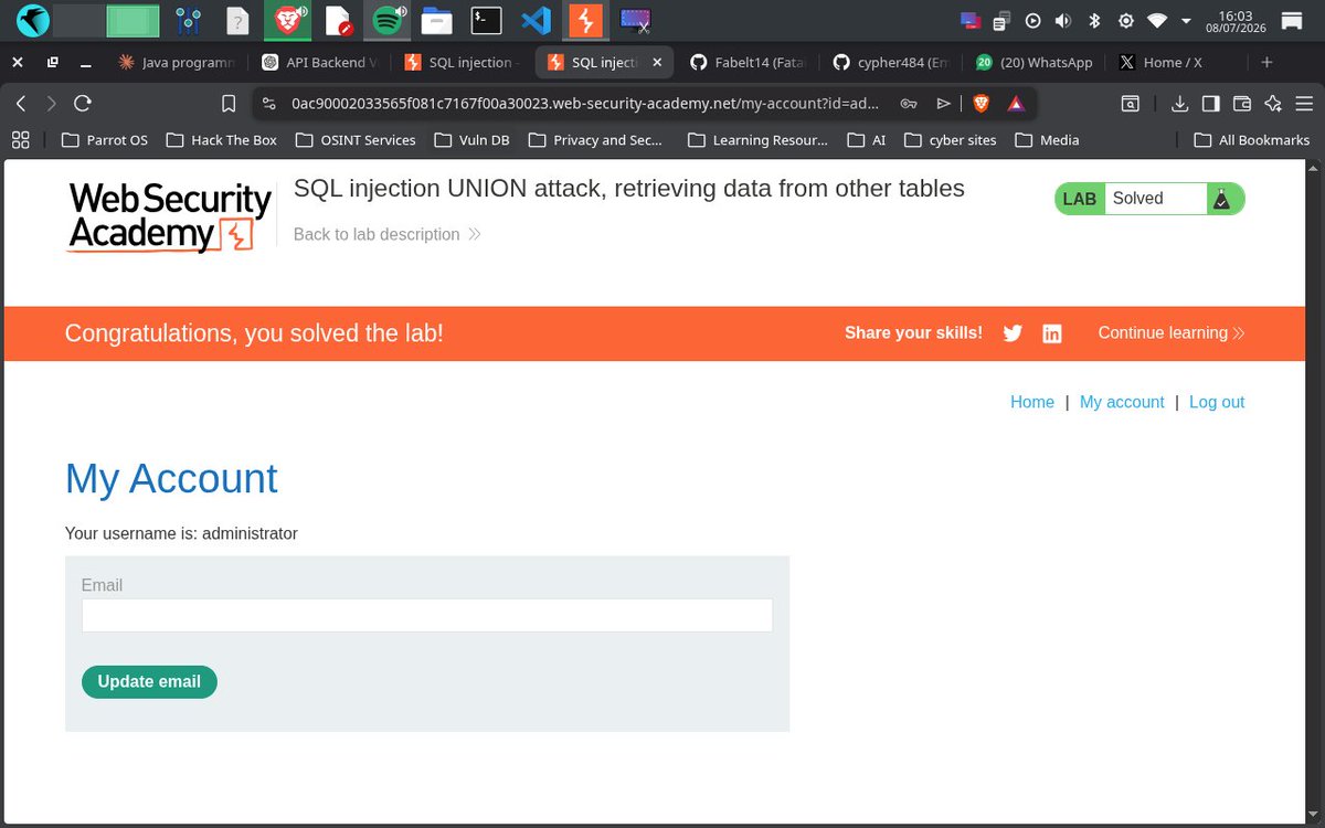 Cypher_484's tweet photo. SQLi UNION attack — retrieved data from another table and logged in as administrator. ✅
The payload:
 ' UNION SELECT NULL,'yB7TTZ',NULL--
First find the column that accepts strings. Then pull whatever you want from any table.
Databases talk too much when you know how to ask.👀 https://t.co/L15d89APKw