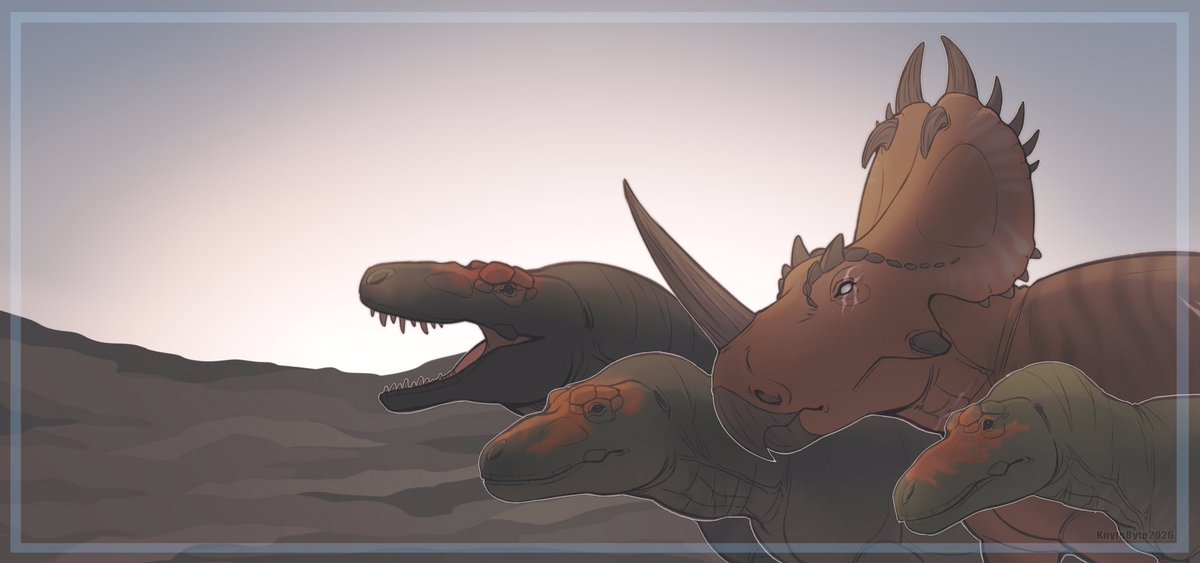 KnyteyBytey's tweet photo. Artfight dinosaur attacks and revenges so far! Am I obsessed with ceratopsians? Yes, I am 😂 #artfight2026ㅤ #teamcomedy https://t.co/hgWcSxzYvD