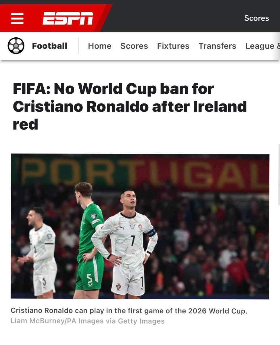 CrewsMat10's tweet photo. Let’s not forget this all started with Ronaldo’s red card suspension, which stopped him from missing the first two World Cup games. https://t.co/ep5Q8PjLHb