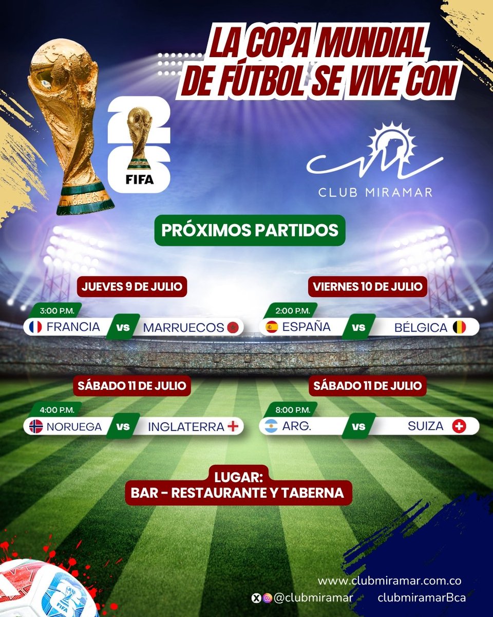clubmiramar's tweet photo. โฝ๐ ยกLa emociรณn del Mundial continรบa en Club Miramar! ๐๐
.
Vive cada partido con el mejor ambiente, buena comida y la pasiรณn que solo el fรบtbol puede despertar. ๐ฅ๐๐ป
.
#ClubMiramar #Mundial2026 #Fรบtbol #PasiรณnPorElFรบtbol #ViveElMundial #PrรณximosPartidos #BarRestaurante ๐โฝ https://t.co/roXyIKdxMn