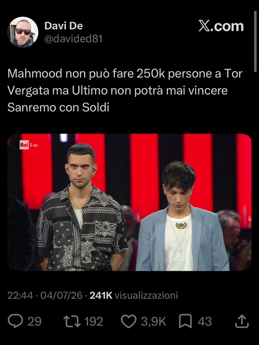 melavivocosi_'s tweet photo. comunque non per dire, ma l’argomento sanremo 2019 è stato riaperto dai fan di mahmood mentre i fan di ultimo erano a tor vergata https://t.co/F7hTsFhLzF