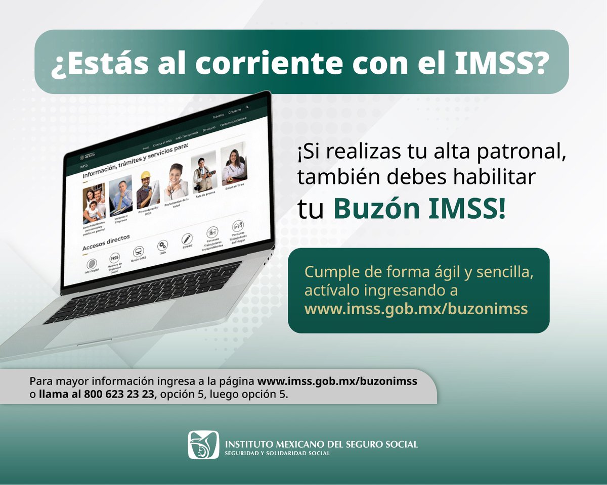 Tu_IMSS's tweet photo. 📢 ¿Ya estás al corriente con el IMSS?

Si realizas tu alta patronal, también debes habilitar tu #BuzónIMSS 📬 para recibir notificaciones y realizar trámites de forma ágil y sencilla.

🌐 Actívalo en: https://t.co/ACPmIp4LSi https://t.co/HnbJXtirFC