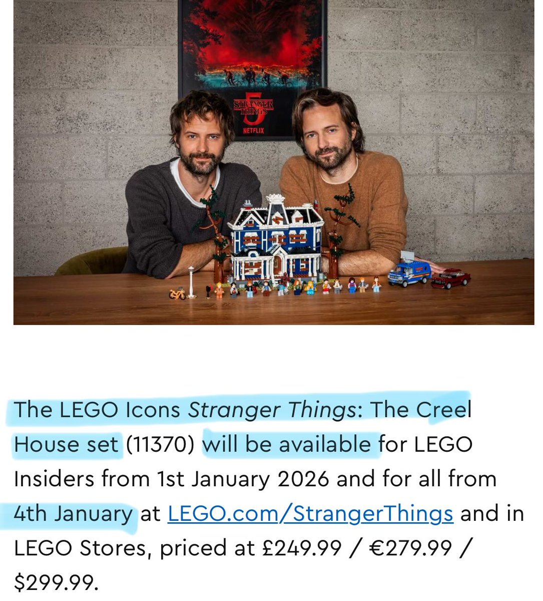 justserend12's tweet photo. (+/- 185d from Xmas):

July 8 = 1/4/26

LEGO released the Creel House Set on Jan 4th, a 2,593-piece detailed replica. @ rainbowarrior03 has an analysis of the promo video, which confirms byler endgame, merging of the worlds, and the Party entering Henry’s mindscape via the UD! https://t.co/slTzpbXNQk