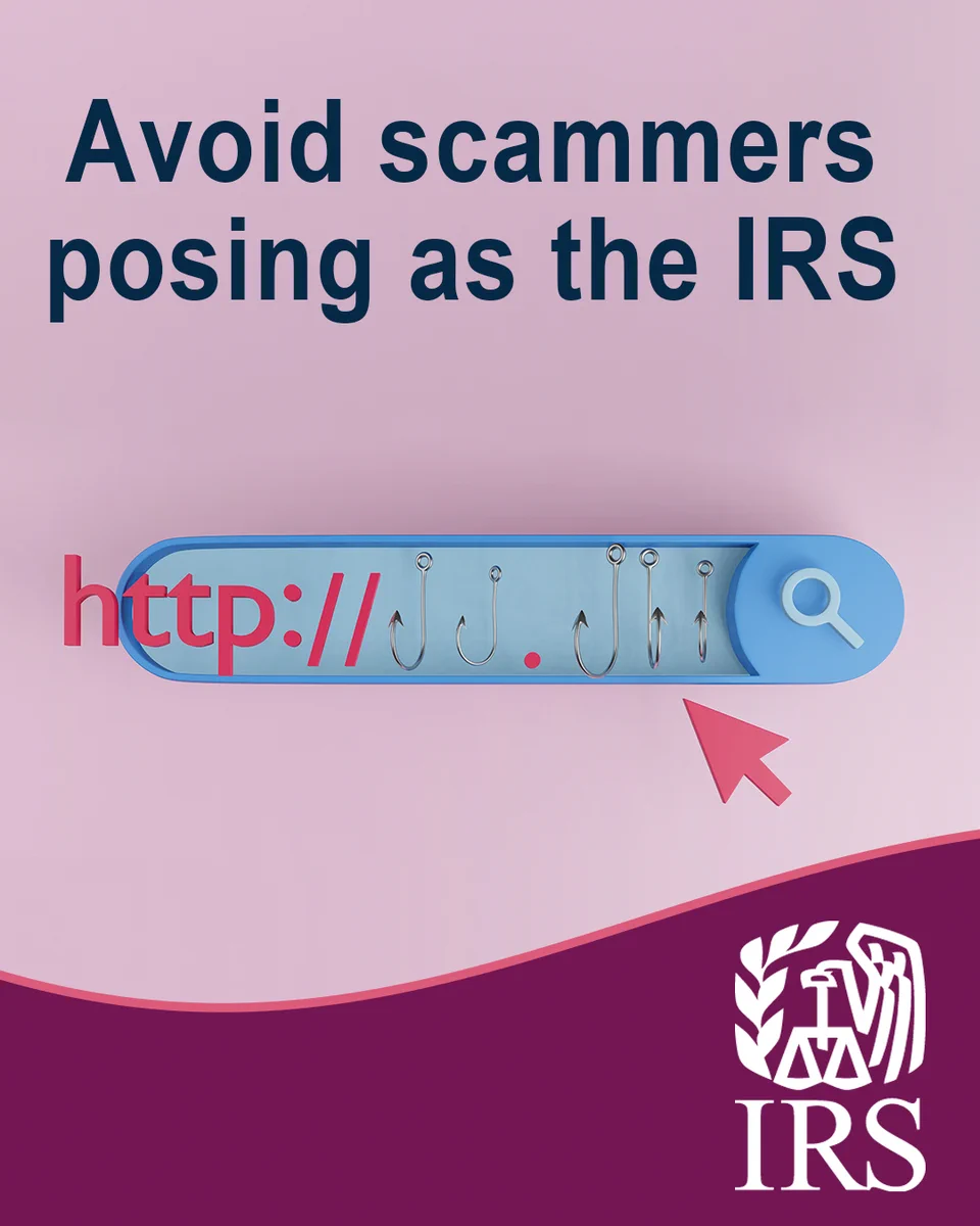 A search bar filled with fishing hooks instead of letters. Text: Avoid scammers posing as the IRS. IRS logo. 