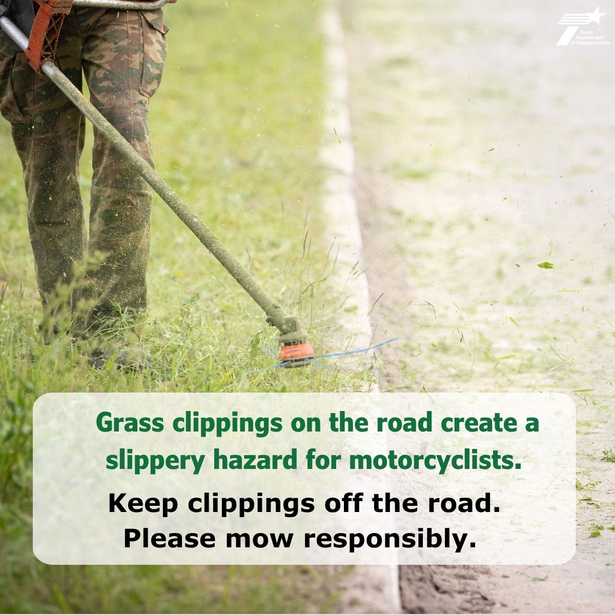 TxDOTAtlanta's tweet photo. 🏍️Debris in the road is a big hazard for motorcycles.
As you mow this summer ☀️, please keep grass clippings off the roadway. 
#MotorcycleSafety https://t.co/7l88iSa8bK