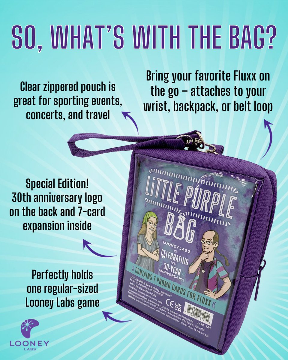 LooneyLabs's tweet photo. Little Purple Bag is now available! So, what's with the bag? It's a convenient way to bring your favorite small box Looney Labs game with you wherever you go so that fun will always be within reach! Which game will you put in your Little Purple Bag? https://t.co/EoFrCL3yVB