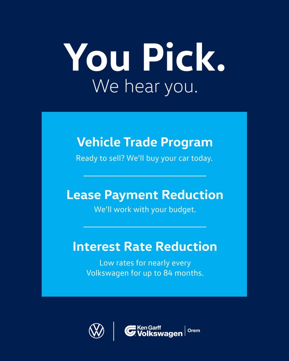 KGVWOrem's tweet photo. You pick. We hear you. ✨🚗 Ken Garff Volkswagen Orem will buy your car TODAY! Plus, enjoy lease &amp; interest rate reductions!

Shop now: https://t.co/nZljiSjrWp https://t.co/j8ZbbokckA