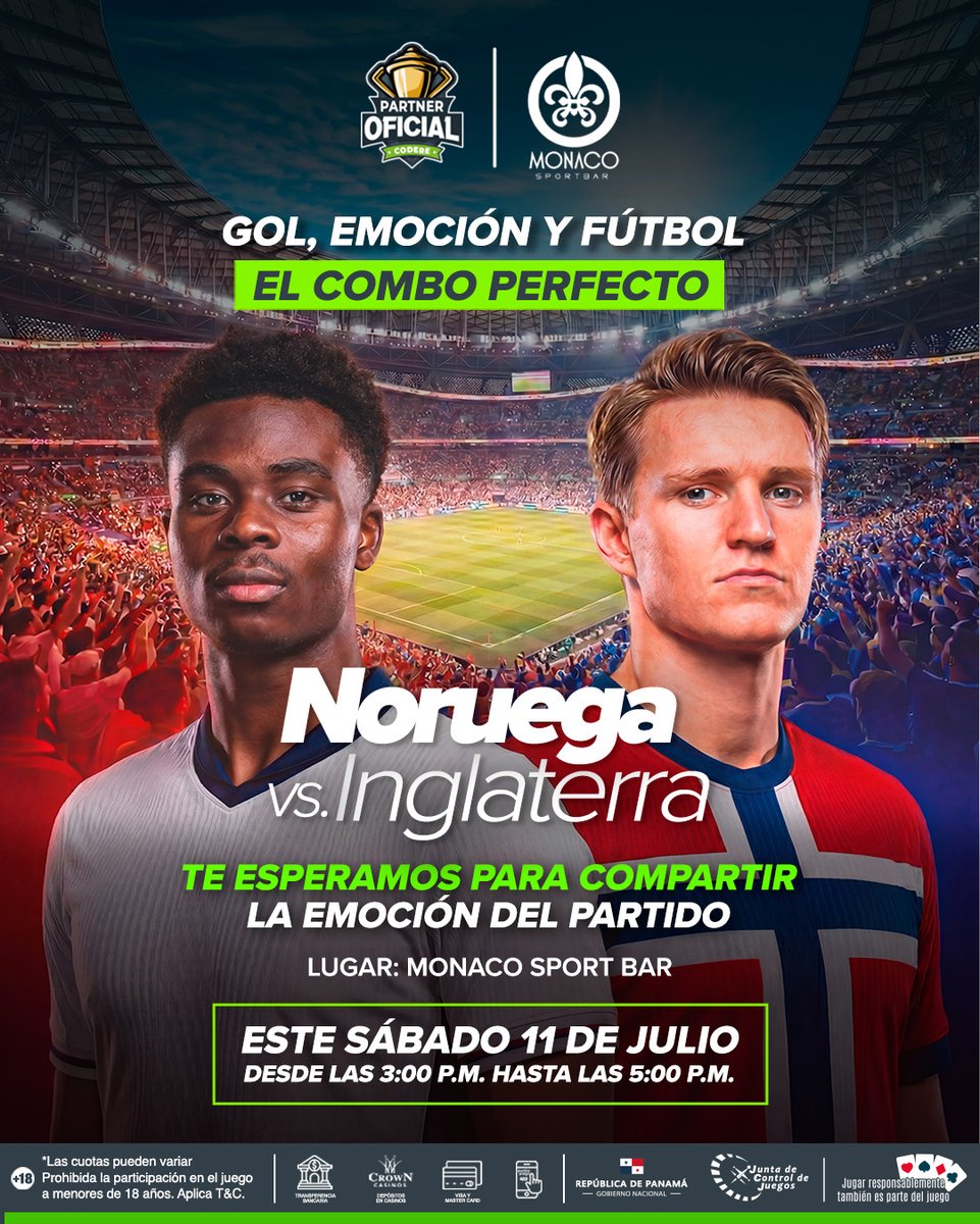 CoderePanama's tweet photo. ¿Sin planes este sábado?
Llegate a vivir la pasión de la #CopaDelMundo desde los mejores spots @MonacoSportBar_ y @La10panama
La final está cada vez más cerca y nosotros traemos más premios que nunca.
#Codere #Noruega #Inglaterra https://t.co/bsIZD6sGQU