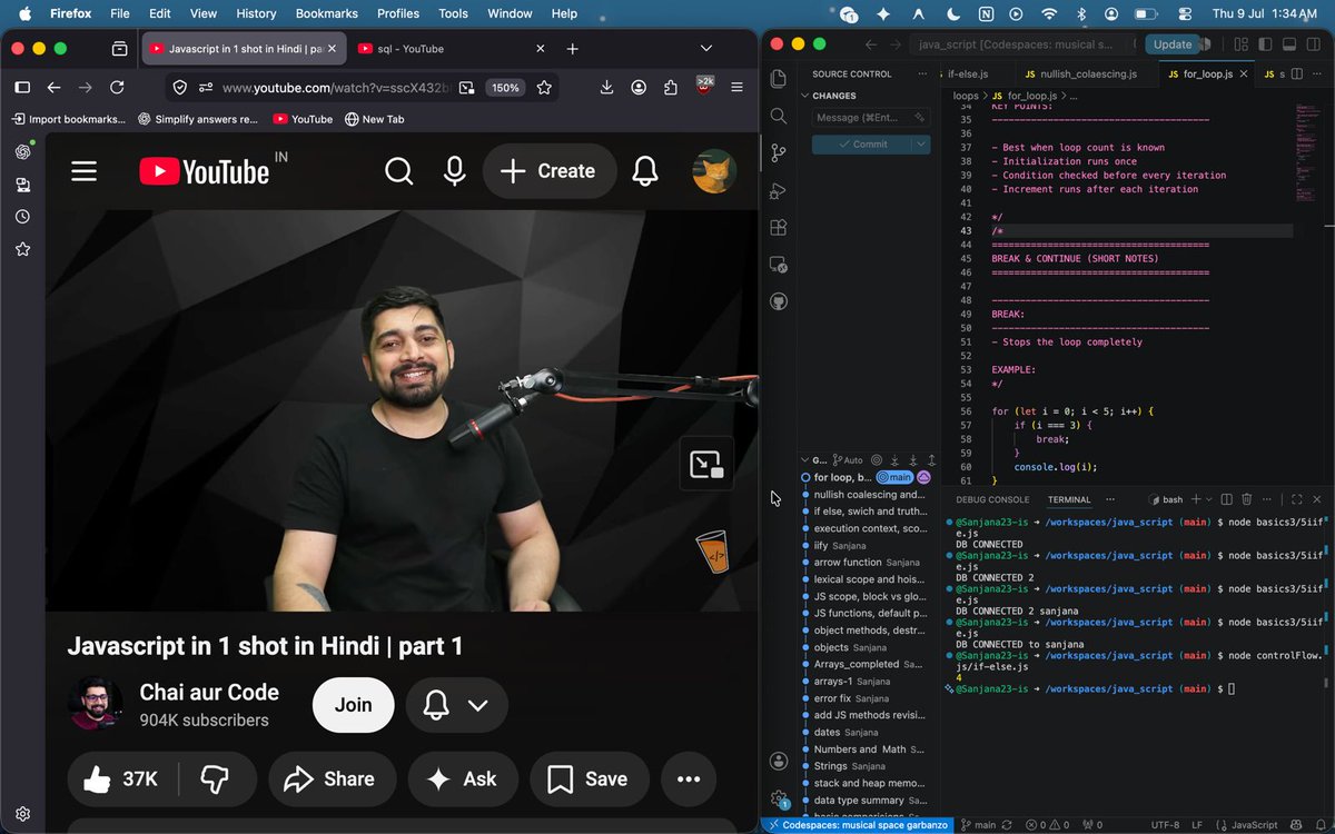 Sanjanashettyyy's tweet photo. Day 2/100 #100DaysOfCode
GitHub commits tell today's story better than I can 😂
One lecture... countless pauses to code along. ☕💻
Learning JS with @Hiteshdotcom
JavaScript and I are finally becoming friends🤝
#BuildInPublic #JavaScript #100DaysOfCode #ChaiAurCode https://t.co/FtVbFCFOUt