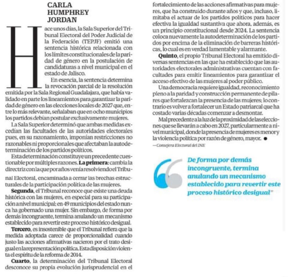 C_Humphrey_J's tweet photo. 🚨Paridad en riesgo🚨

De cara a las #Elecciones2027, la definición de los límites de paridad en la postulación de candidaturas a nivel municipal es un tema que llama al análisis y reflexión.  

💜 Una democracia requiere igualdad, reconocimiento pleno de la paridad y una construcción permanente de pilares que fortalezcan la presencia de las mujeres en el espacio político-electoral.  

Te invito a que leas mi artículo de esta semana en el @El_Universal_Mx 👇🏼
🔗 https://t.co/q1ite8AEg8

#IgualdadSustantiva #ParidadenTodo #DemocraciaParitaria