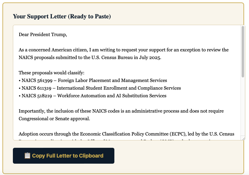 J_Vito_B's tweet photo. Remember when President Trump @realDonaldTrump asked people on the fence:  
“What do you have to lose?”

Here’s the 2026 version for every American citizen who wants to protect citizen workers, bring jobs back, and get accurate industry data:

What do you have to lose by spending literally 60 seconds sending an OnShoringAmerica support letter to President Trump?

Nothing!

The President can issue a simple Executive Order directing the U.S. Census Bureau and OMB to incorporate the three NAICS codes submitted in July 2025 into the 2027 revision cycle - no Congress involved; this is an interagency action ONLY!

  *  NAICS 561399 – Foreign Labor Placement and Management Services 
  *  NAICS 611319 – International Student Enrollment and Compliance Services 
  *  NAICS 518219 – Workforce Automation and AI Substitution Services

This is an administrative fix that requires no new law or Congressional approval — just leadership to put American CITIZEN workers first in official statistics.

✅ Takes under 60 seconds
✅ Completely free
✅ Zero risk — it’s your constitutional right 

Here’s exactly how (super easy):
Go to the ready-made support page:
👉 https://onshoringamerica .com/support-letter

It has the full letter pre-written for you to copy, step-by-step instructions, and the official White House contact form button. 

Just paste and submit!

If thousands of us do this, it shows real grassroots support for putting American Citizen Workers First in the next NAICS cycle.

What do you have to lose?  Absolutely nothing. 

Drop a 🔥 if you just sent yours. Let’s make this happen!