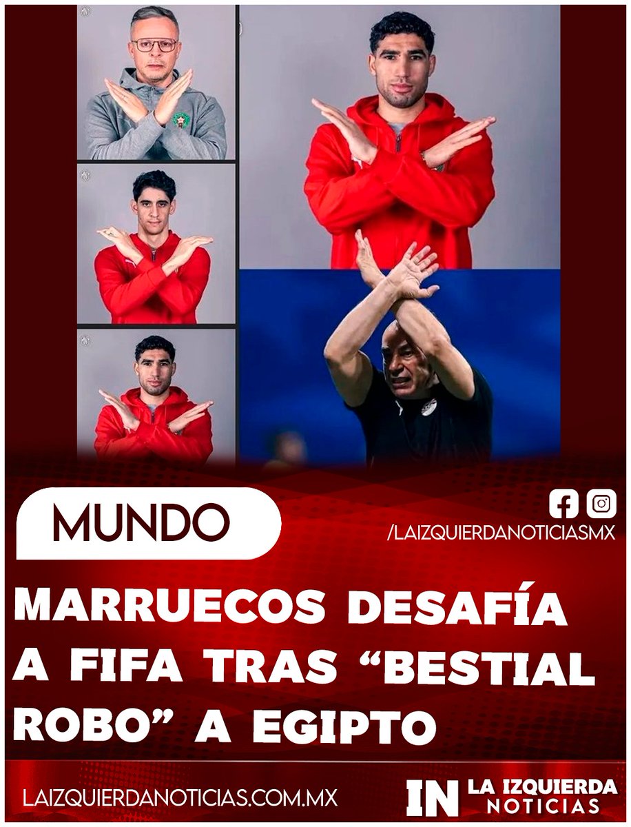 IzqNoticiasMx's tweet photo. ¡MARRUECOS ALZA LA VOZ!  Los jugadores de la selección marroquí y su entrenador mostraron su respaldo a Egipto tras la polémica eliminación ante Argentina y exhibieron la señal de “Protesta contra el racismo”. La acción encendió el debate sobre las decisiones arbitrales y la percepción de un Mundial marcado por la controversia.