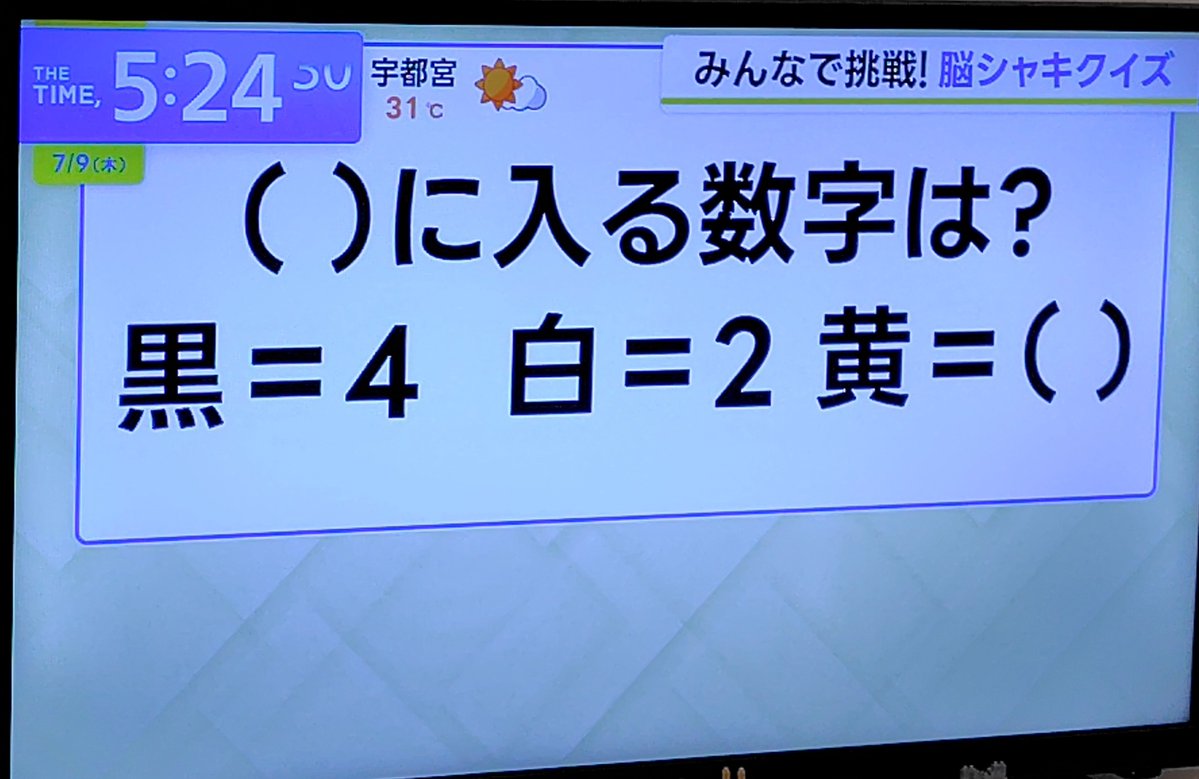 kyomisin's tweet photo. ヒント
(1)黒、白、黄とそれぞれの漢字に注目
(2)ちなみに青=2
(3)□(四角)

#thetime_tbs
#thetime
#脳シャキクイズ https://t.co/dKkPZsdUqz