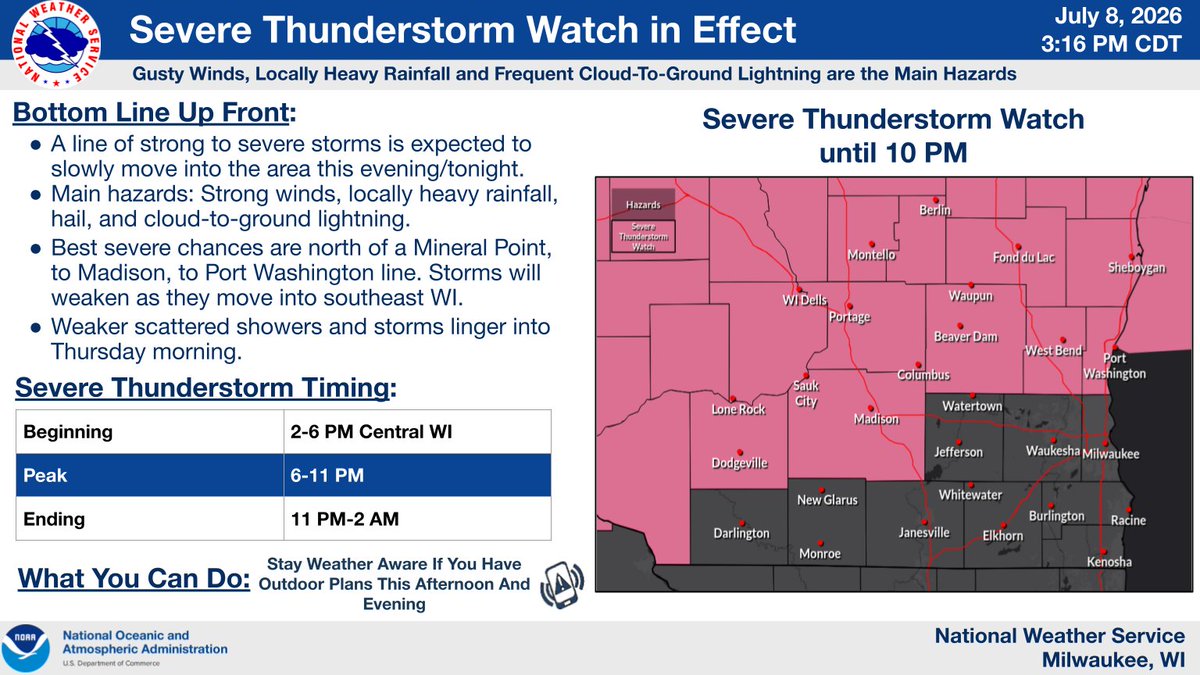 NWSMilwaukee's tweet photo. A Severe Thunderstorm Watch is in effect until 10 PM tonight over Central and East Central WI. The main window for severe storms will be between 6 and 11 PM tonight. Gusty winds, hail, and locally heavily rainfall will be the main threats. #wiwx https://t.co/oTPbCbdoKO