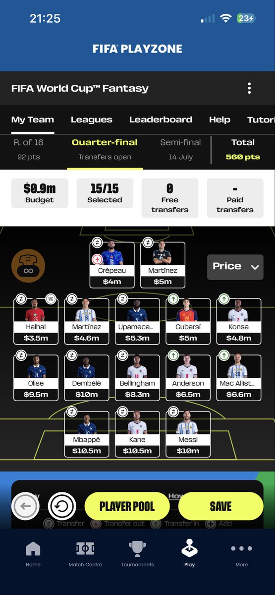 FPL_Marcello's tweet photo. Quarter Finals Transfers Draft #1

Using my last post, I worked out the best value chap assets who are nailed for the top 4 sides.

I can replace
Munoz, Sanchez, Diaz and Saibari 
with
Cubarsi, Konsa, Anderson and MacAllister

This leaves 0.9 for any potential upgrades https://t.co/yaLPBFjnUL