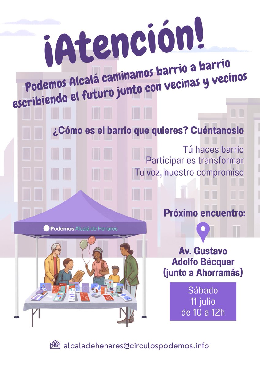 PodemosAlcala_'s tweet photo. El sábado 11, a partir de las 10h, nos encontraremos con vecinas y vecinos de #Espartales junto al Ahorramás.
@PodemosAlcala_ seguimos recorriendo los barrios de #Alcalá escribiendo el futuro con vecinas y vecinos, la fuerza transformadora
Tu voz, nuestro compromiso. Te esperamos https://t.co/eCJ62KJN56