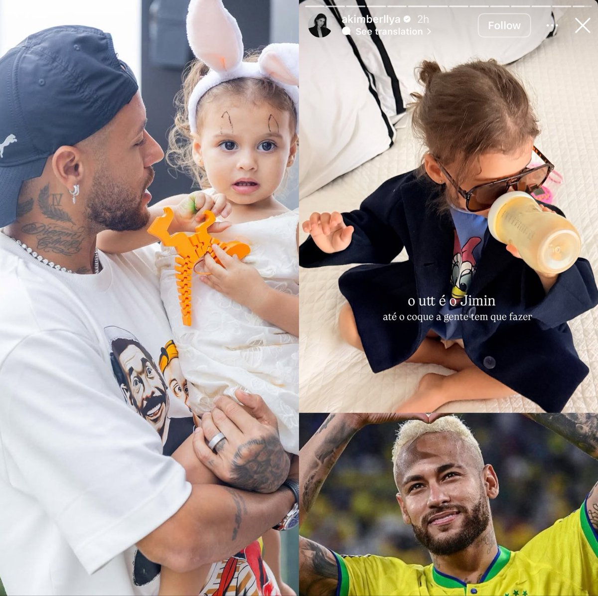 cocojm_0t7's tweet photo. Amanda Kimberlly, mother of Neymar Jr.‘s daughter Helena, revealed on her Instagram Story that #Jimin is Helena’s bias 😭

🗣️: The ultimate bias is Jimin"
🗣️: we even have to do the hair bun"

JIMIN IS EVERYONE’S FAVORITE 😭 https://t.co/EzVdljFbJy