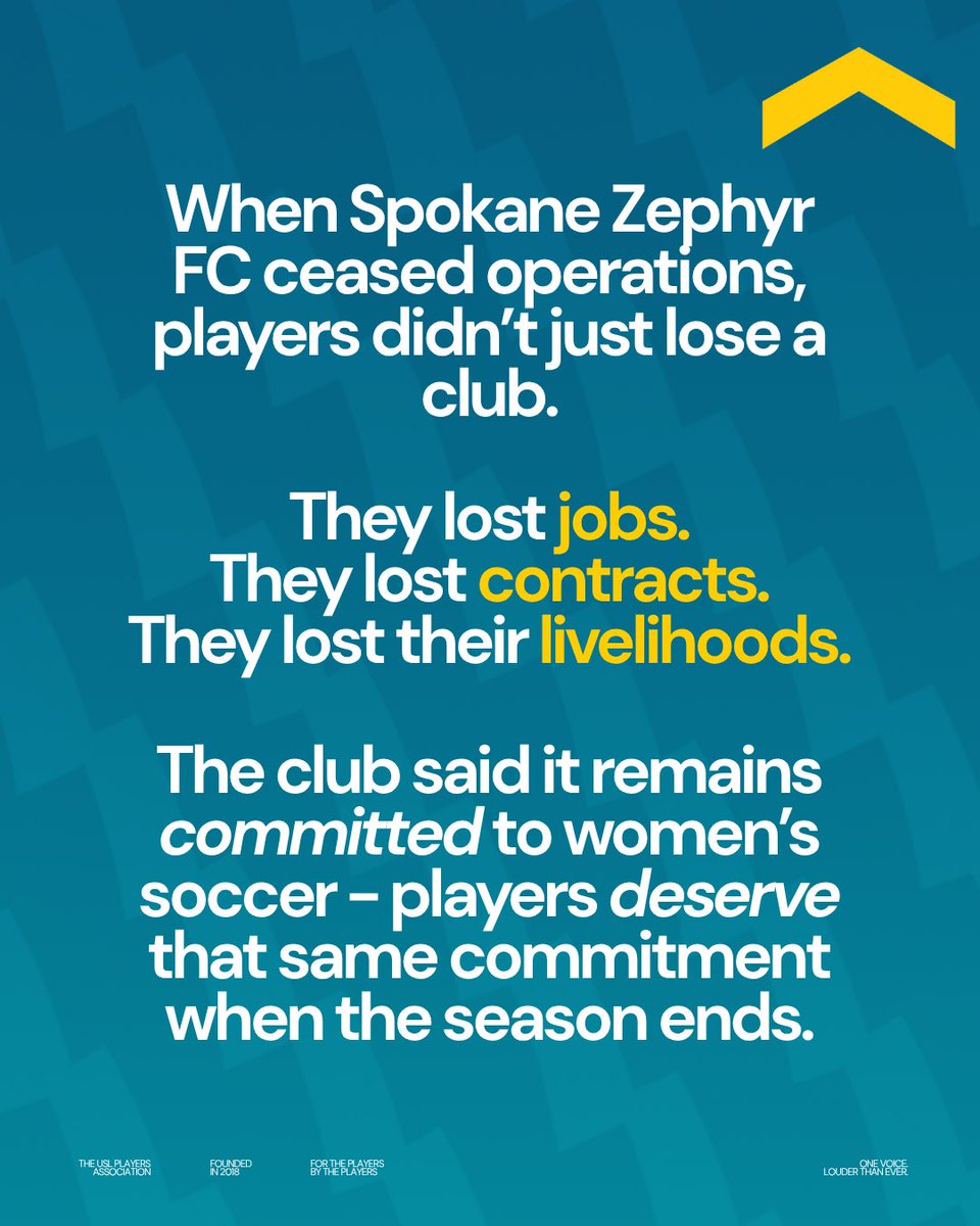 USLPlayers's tweet photo. A thank you doesn't replace a job. It doesn't replace a contract. And it doesn't excuse accountability.

Players deserved better from Spokane Zephyr FC and its ownership.

The USLPA will keep standing with every player. Because "thank you" means nothing without accountability. https://t.co/r4SnaR8zrN