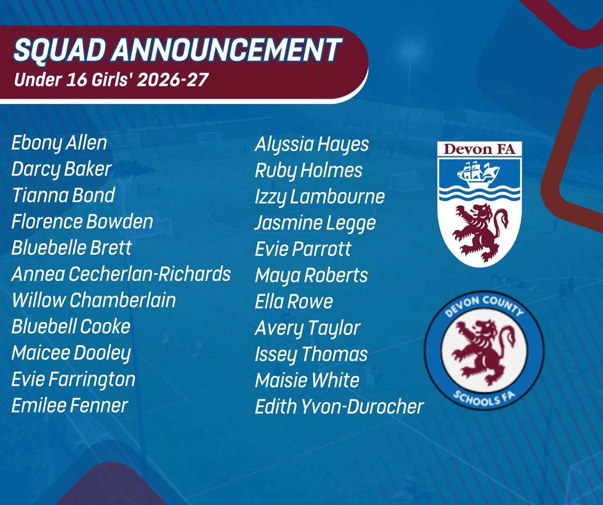 devoncfa's tweet photo. And finally, here is the 2026-27 Devon u16 Girls’ squad. 💙

As with the u14’s, these players will make up our Emerging Talent Centre as well as the Devon Schools FA squads. ⚽️

One ‘small’ task this year girls….. retain that title of Champions of England 🏆 https://t.co/kAy3VQ0fsM