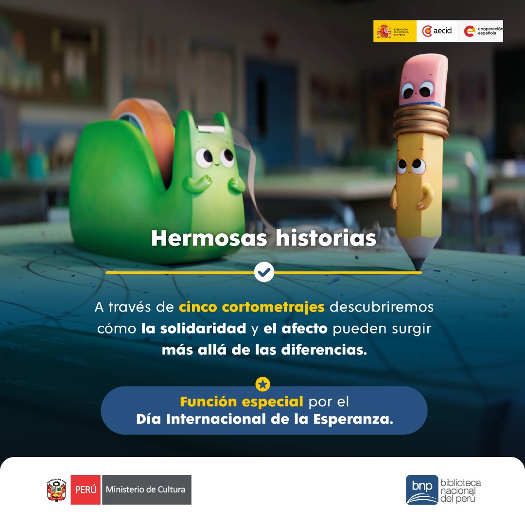 BibliotecaPeru's tweet photo. En el marco del Día Internacional de la Esperanza, y en colaboración con el @ccelima y la @aecidperu , te invitamos a esta función especial de Bibliocine para niños para disfrutar de "Pequeños encuentros. Historias de amistad: cortos de Pack Magic". https://t.co/F7GUoaL95o