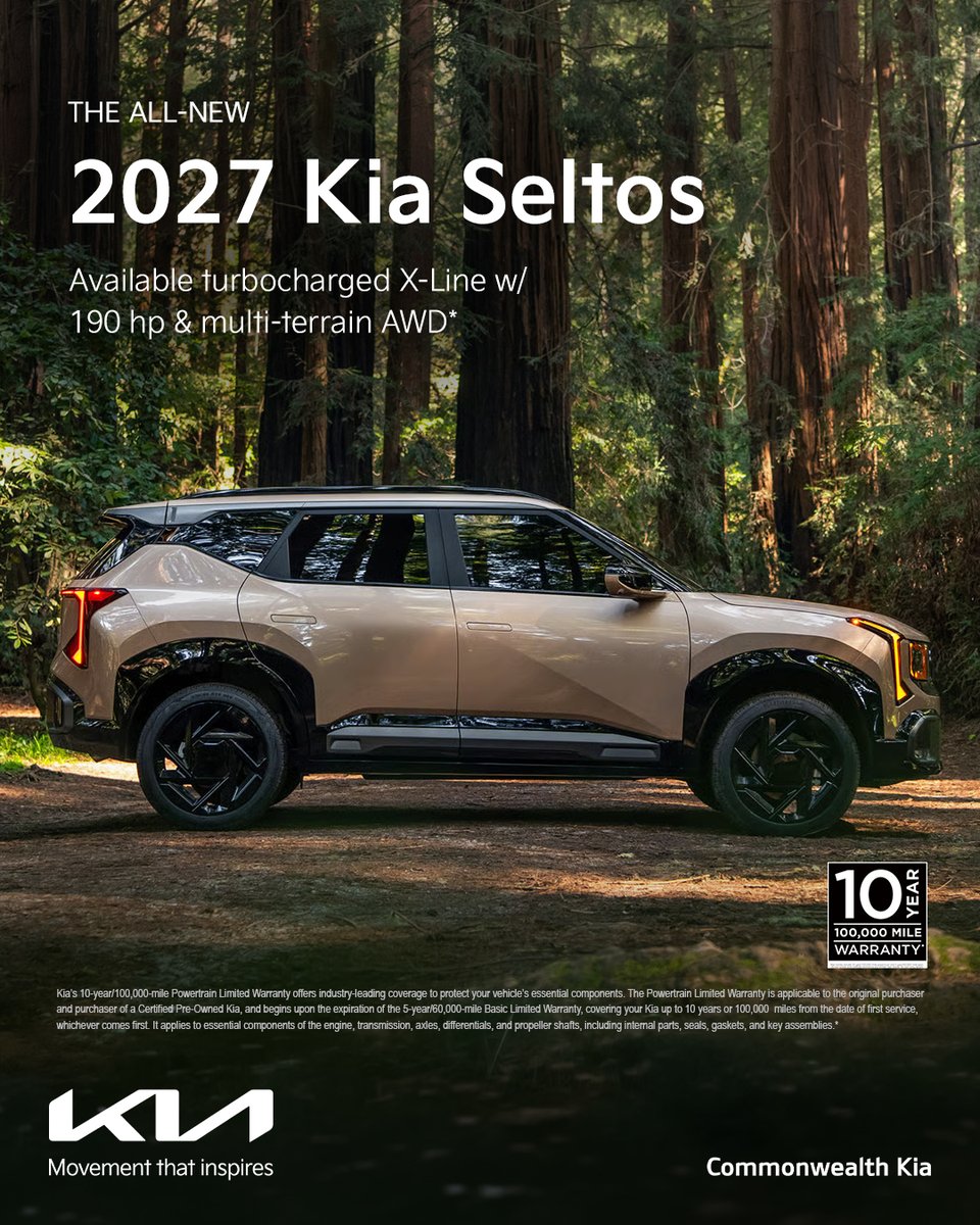 CMKIA_'s tweet photo. The all-new 2027 Kia Seltos is here🌲

With bold style, available turbocharged performance, and available multi-terrain AWD, the Seltos is ready for city streets, weekend trips, and everything in between.

Explore the new Seltos today:
https://t.co/3WNnc7FK9J

#CommonwealthKia https://t.co/D7cGiNoq2q