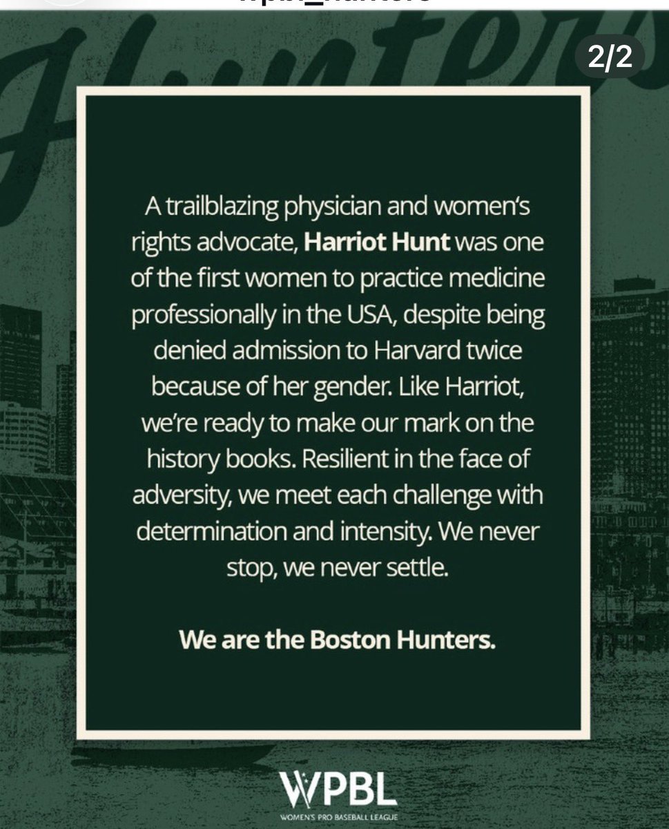 babybergy37's tweet photo. Boston’s New Professional Women’s Baseball Team named after a Women’s Right Activist is pretty sick 

History Runs strong in Boston and the fact that she’s was one of the first woman to practice medicine in the US is pretty remarkable 

So excited to welcome the Boston Hunters 🦅 

Thank you Harriot Hunt