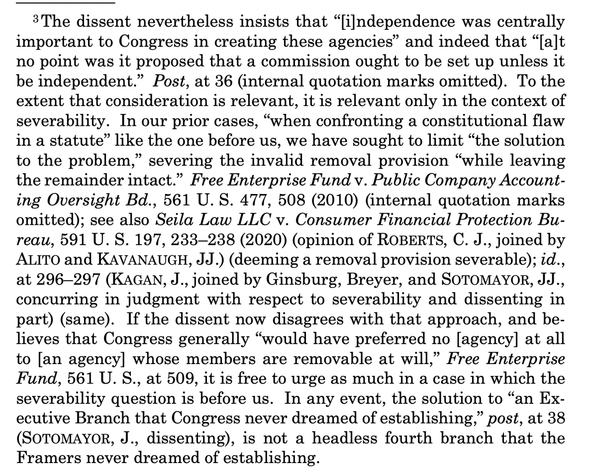 OrinKerr's tweet photo. I have a Trump v. Slaughter question, which I ask while emphasizing that this is not *at all* my area, so this is more a call for speculation or correction among those who follow the subject more than I do.  Here's the question: If it were clear that the remedy for invalidating the for-cause removal provision for the FTC were the invalidation of the entire agency and other agencies with the same for-cause provision, would there have been 5 votes to overturn Humphrey's Executor?  Cf. Trump v. Cook.
